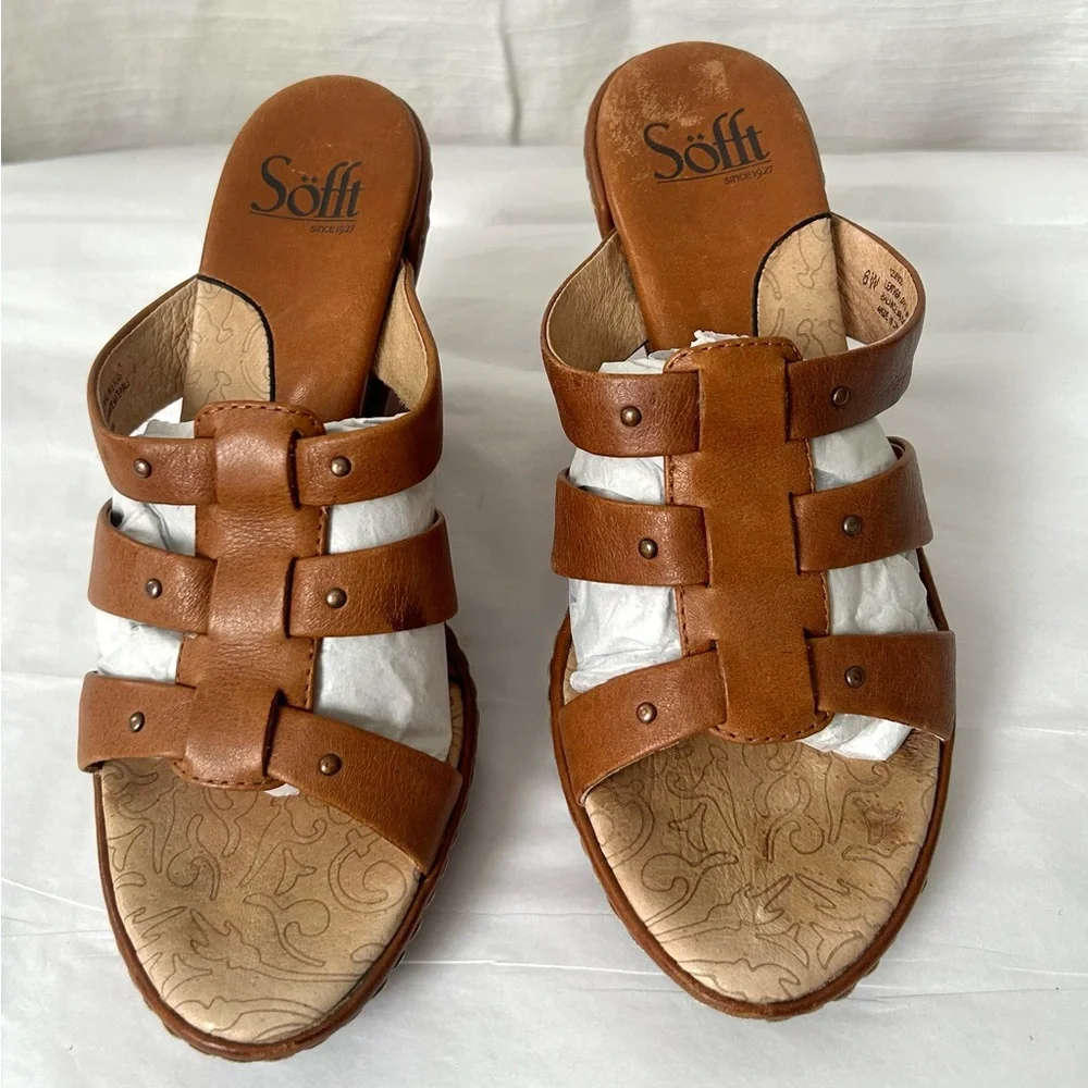SOFFT Women's Brown Leather Cutout Neutral Minimalist Quiet Luxury Wedge Sandals